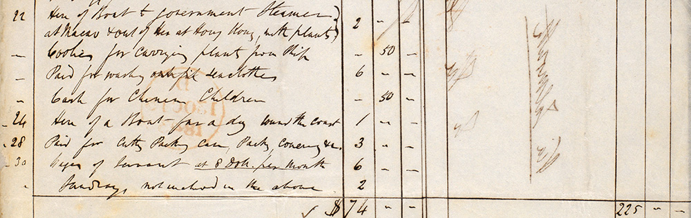 Excerpt from a letter sent by Fortune to the Horticultural Society, listing Fortune’s expenses and indicating his use of indentured labour while in China